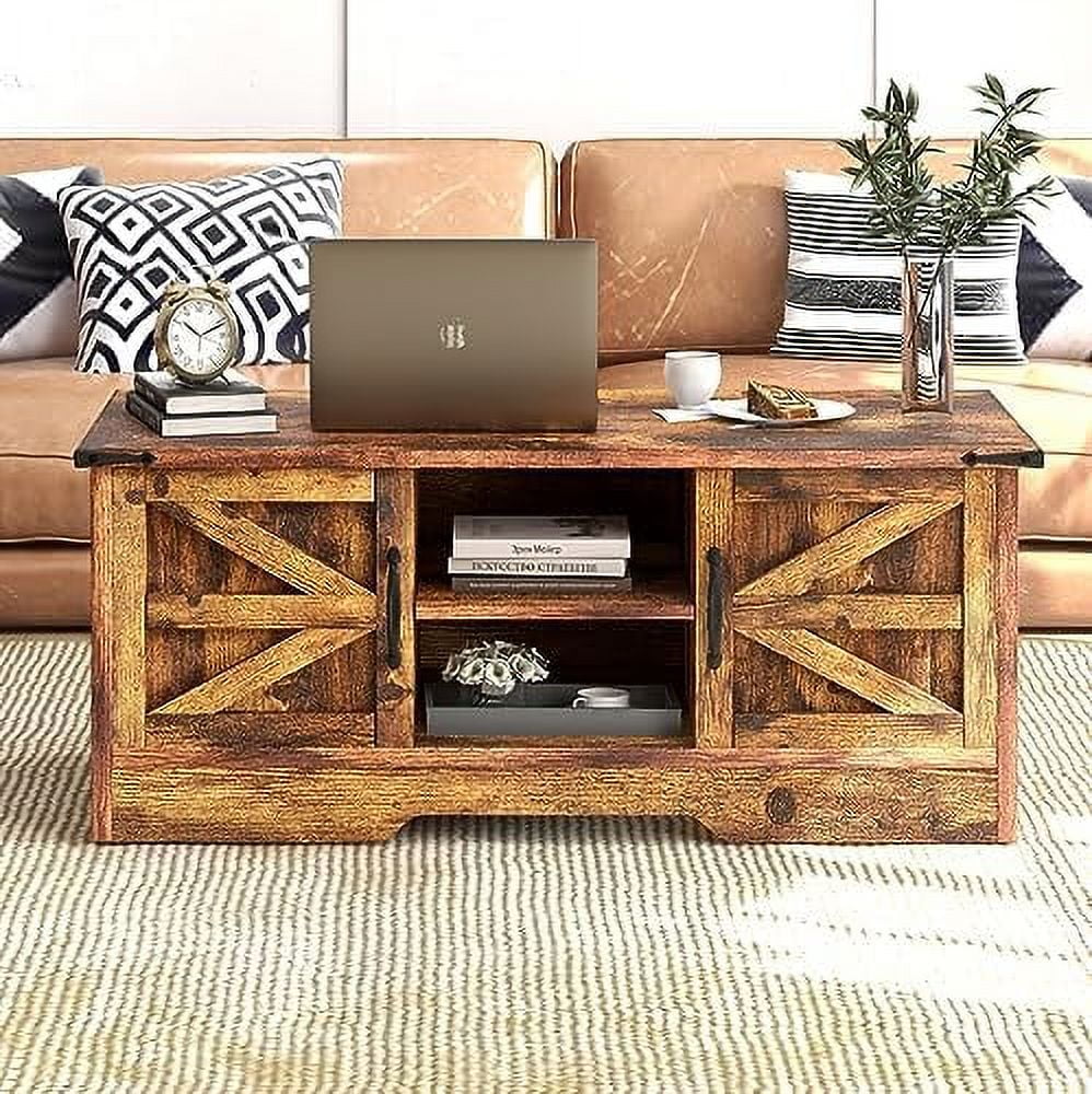 HBBOOMLIFE Coffee Table with Barn Doors, Farmhouse White S2408