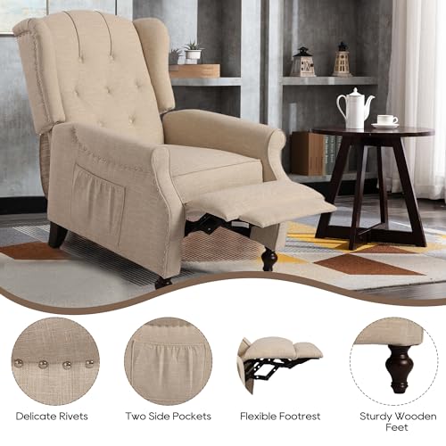 Wingback Recliner Chair with Massage and Heat, Tufted Fabric, Wooden Legs D91574