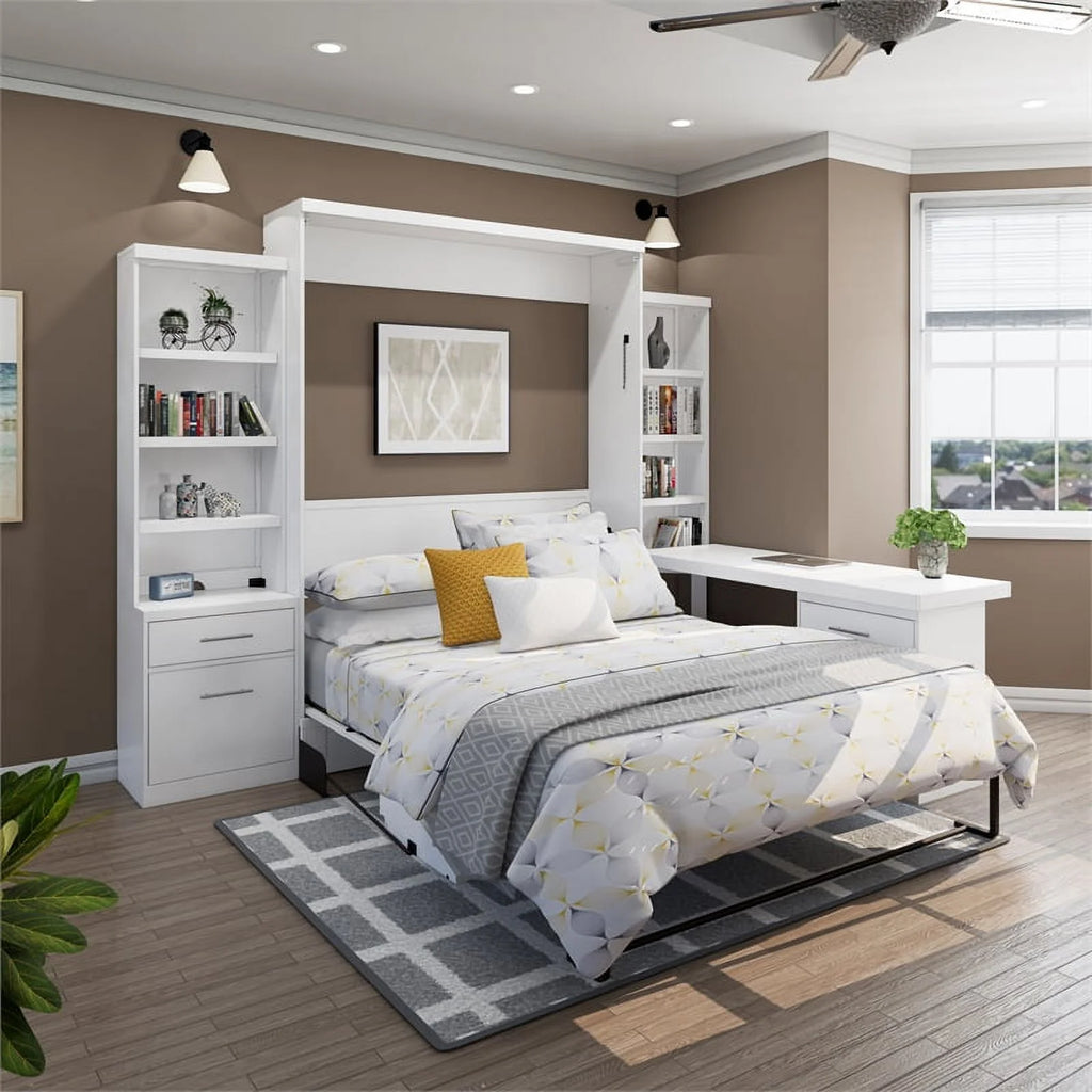 RoomAndLoft Queen Wood Murphy Wall Desk Bed with 2 Shelf Storage Units E723625