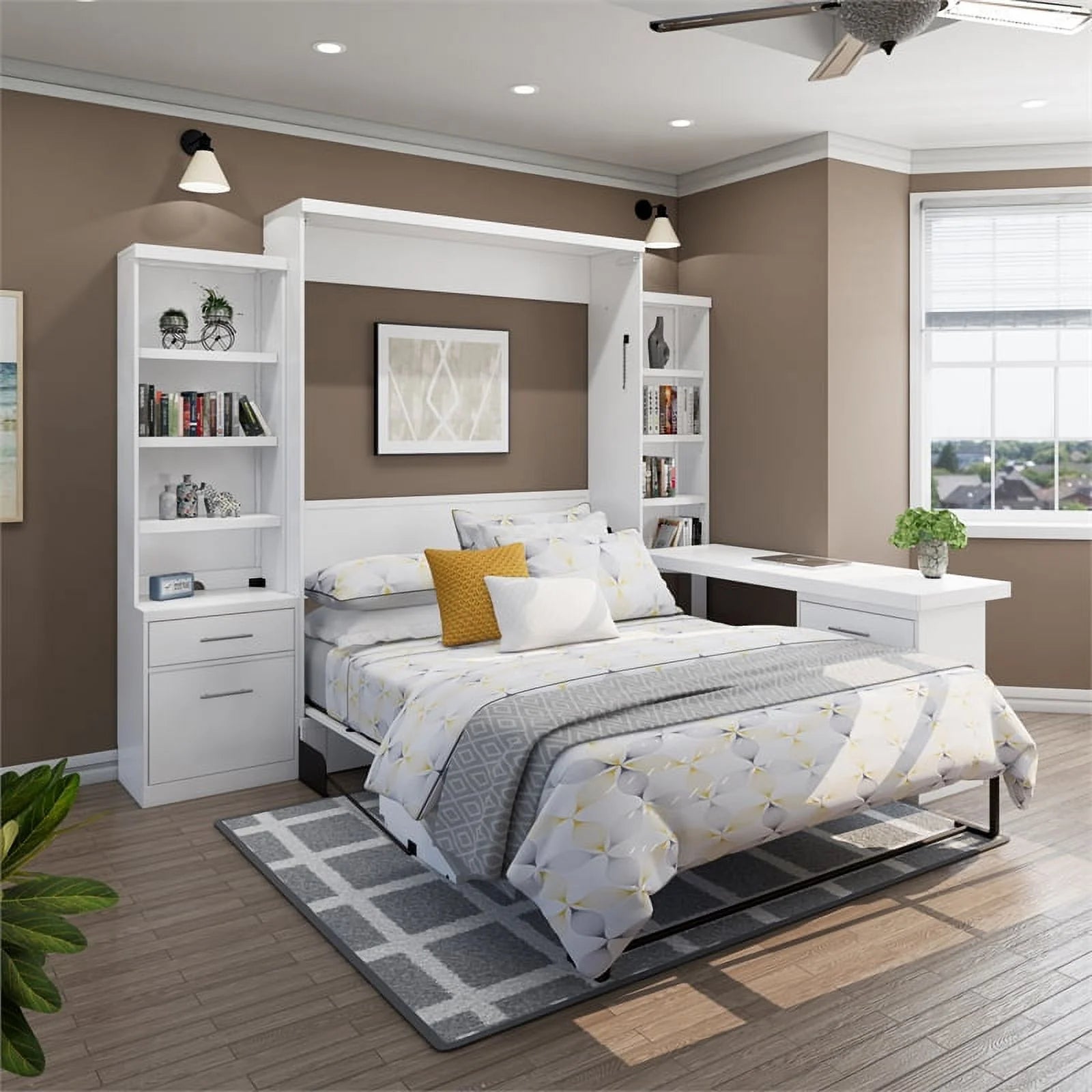 RoomAndLoft Queen Wood Murphy Wall Desk Bed with 2 Shelf Storage Units E723625