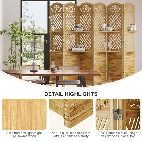 Folding Wood Room Divider with Shelves, 6 Panels, Natural K301