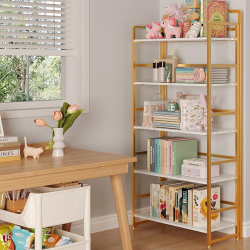 JSB Folding Bookshelf 5 Tier Vintage Wood Bookcase for Living Room Bedroom Office S131658