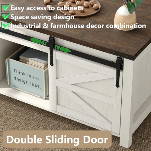 47.3" Lift Top Coffee Table with Storage and Barn Doors, White and Grey I616078