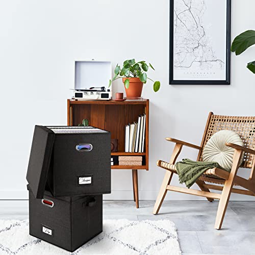 Vinyl Record Storage Box for 50 LPs, Stackable Linen Crate with Lid P294298