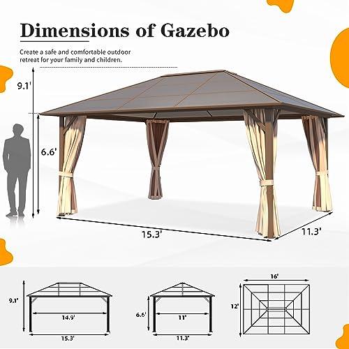 YOLENY 10'x13' Hardtop Gazebo with Aluminum Frame and Curtains F853