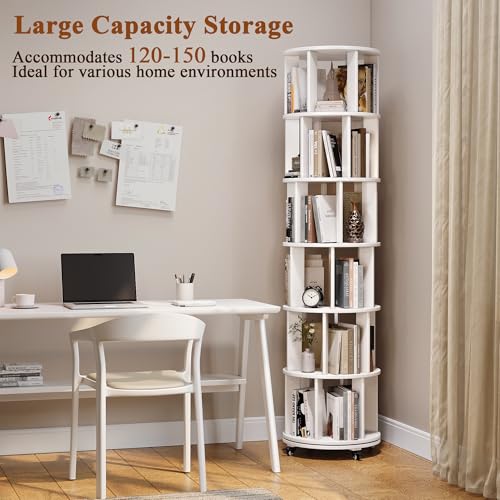 6 Tier Rotating Bookshelf Tower with Swivel Wheels, Solid Wood, Walnut B588