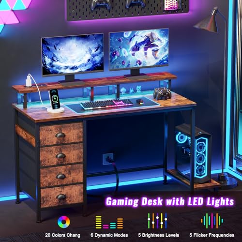 Furologee 47" Computer Gaming Desk with Monitor Stand, 4 Fabric Drawers & Power Outlets, Rustic Brown U645888
