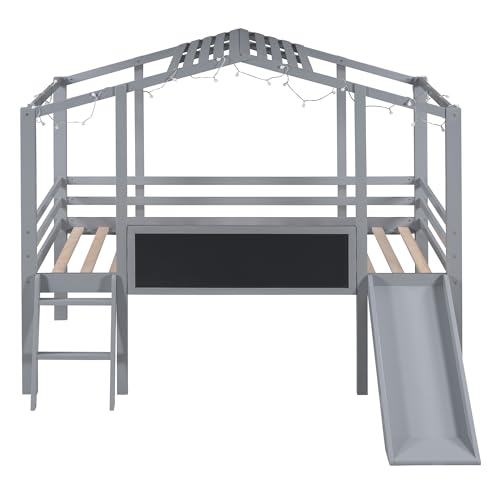 Harper & Bright Designs Kids Twin Low Loft Bed with Slide, Storage Shelves & Stairs, White/Pink C414827