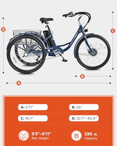 Viribus Electric Tricycle for Adults, 350W, 7 Speed, Removable Battery O6671