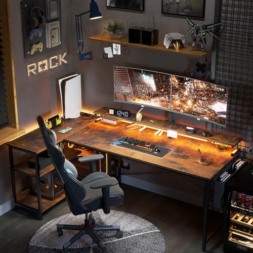 ODK 48 Inch L Shaped Gaming Desk with USB Charging Ports and LED Lights S136