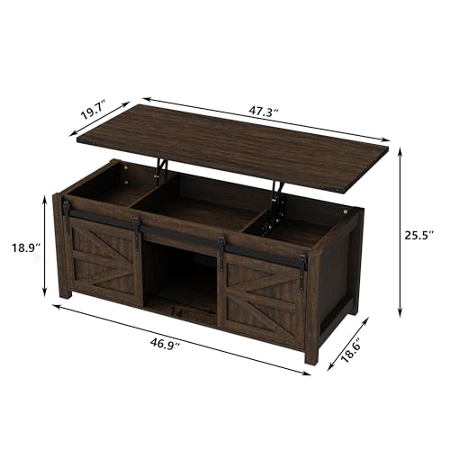 47.3" Lift Top Coffee Table with Storage and Barn Doors, White and Grey I616078