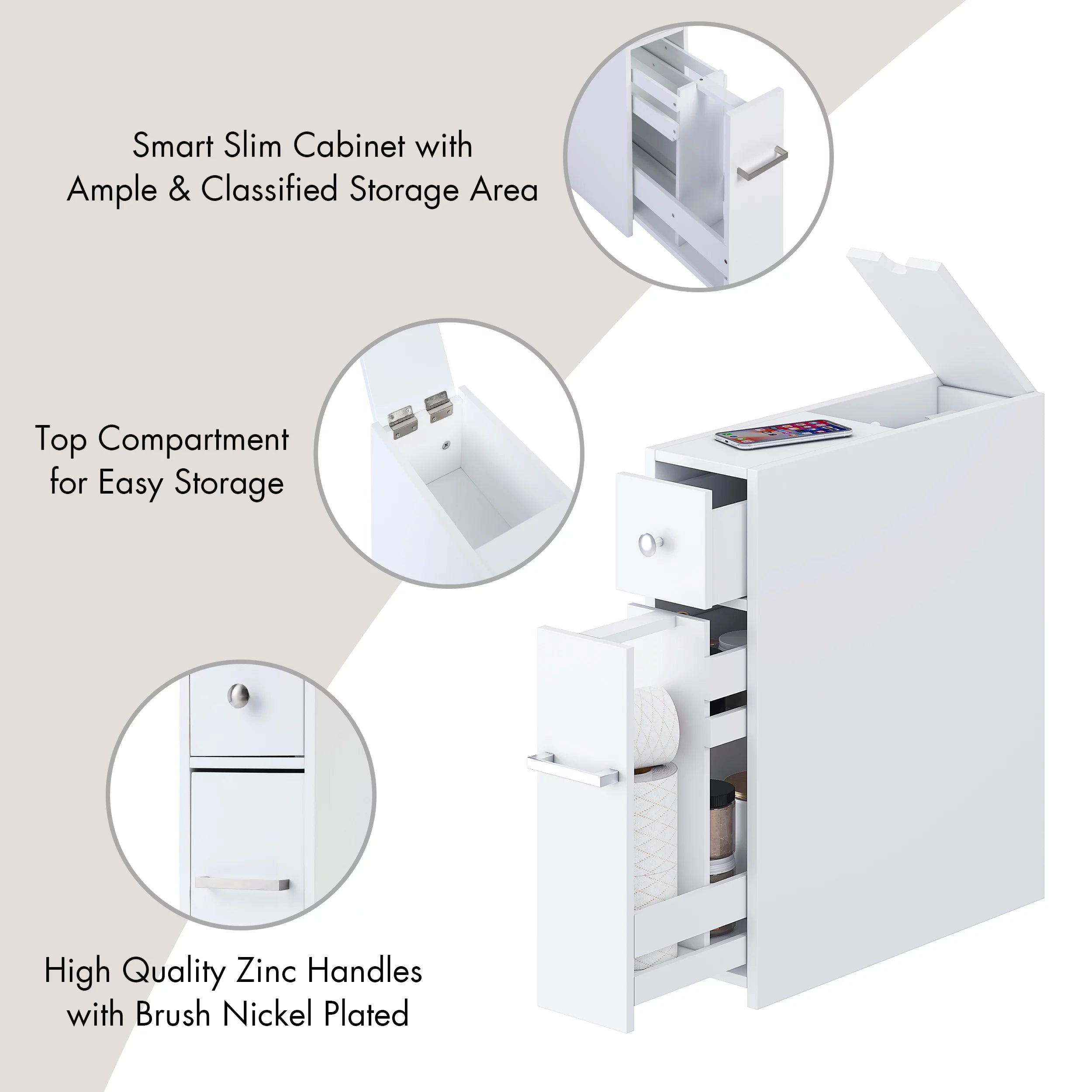 Spirich Home Slim Bathroom Storage Cabinet with Slide Out Drawer, White D910171