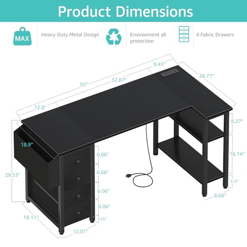 Lufeiya L Shaped Gaming Desk with Drawers & Power Outlet, Black A39519
