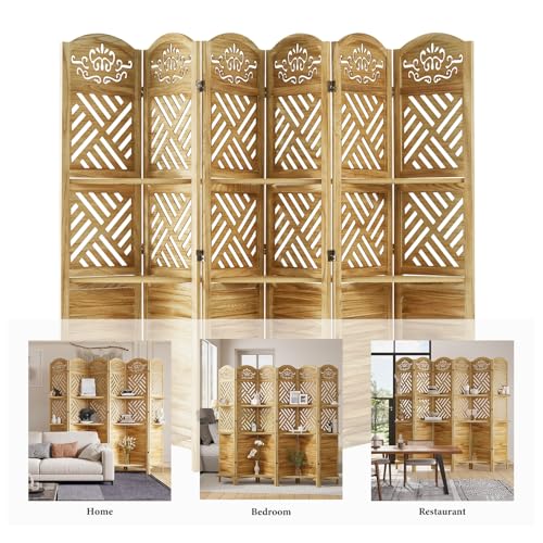 Folding Wood Room Divider with Shelves, 6 Panels, Natural K301