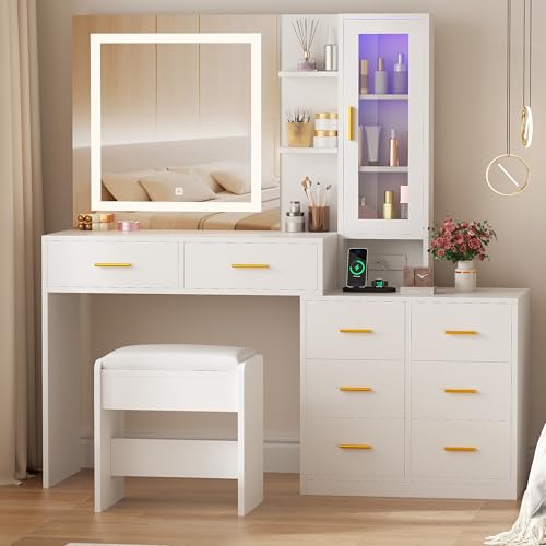 ANWBROAD 51.8" Makeup Vanity Desk with Mirror and Lights, White, 8 Drawers A92651