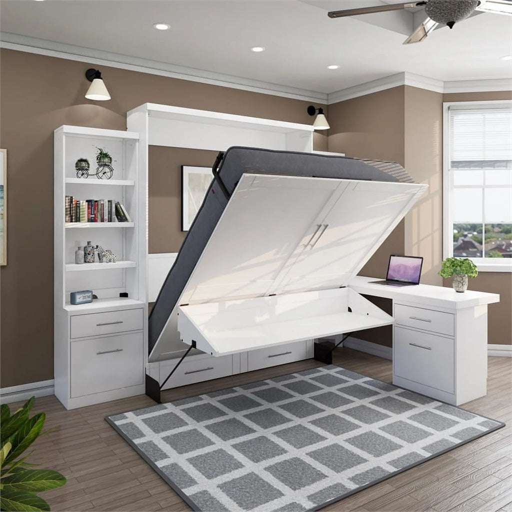 RoomAndLoft Queen Wood Murphy Wall Desk Bed with 2 Shelf Storage Units E723625