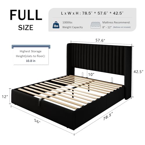 Full Size Lift Up Storage Bed with Wingback Headboard, White Y8002