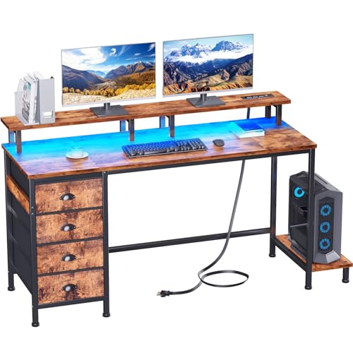 Furologee 47" Computer Gaming Desk with Monitor Stand, 4 Fabric Drawers & Power Outlets, Rustic Brown U645888