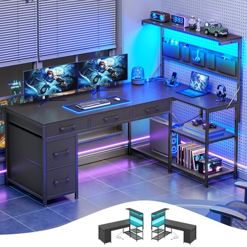 Itaar L Shaped Gaming Desk with LED Lights and Storage, Black P62712