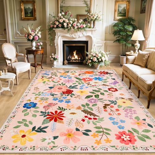 8x10 Floral Washable Area Rug for Living Room, Vintage Soft Non-Slip Carpet Z978379