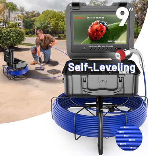 Self-Leveling Sewer Camera 100FT, Anysun 9" HD Screen Pipe Borescope Drain Inspection with 12pcs LED Light, DVR Recorder with 32GB Card, IP68 Waterproof Plumbing Cam, 7mm Cable with Depth Marker