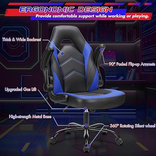 Sweetcrispy Ergonomic Gaming Desk Chair with Flip-up Armrest, Black Blue C253