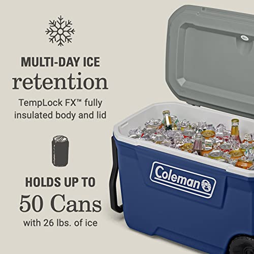 Coleman Classic Series Insulated Rolling Cooler, 65-Quart, Leak-Resistant F832