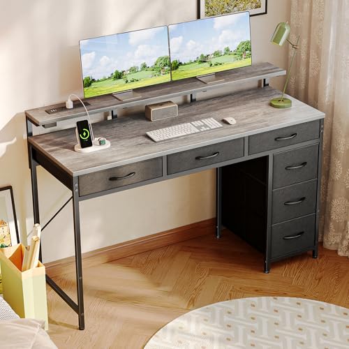 Huuger Gaming Desk with 6 Drawers, LED Lights, 47 Inch, Black N423283