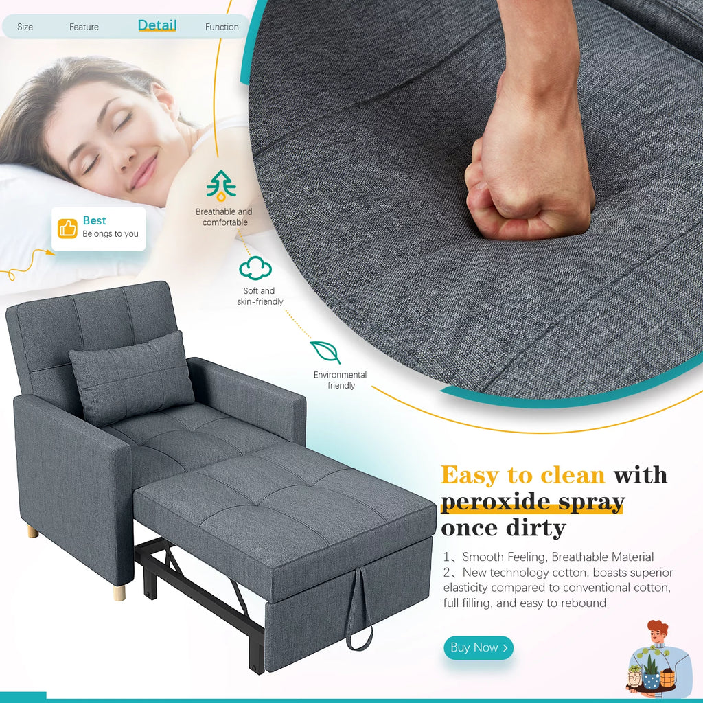 YODOLLA Sleeper Sofa Chair 3 in 1 Pull Out Chair Bed with Pillow, Dark Grey N8421