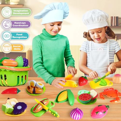 Play Food Set for Kids Kitchen, Pretend Toy with 2 Baskets J150