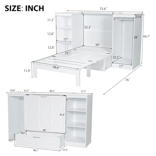Twin Size Murphy Bed with Storage Shelves and Wardrobe, White X929