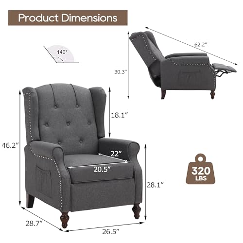 Wingback Recliner Chair with Massage and Heat, Tufted Fabric, Wooden Legs D91574