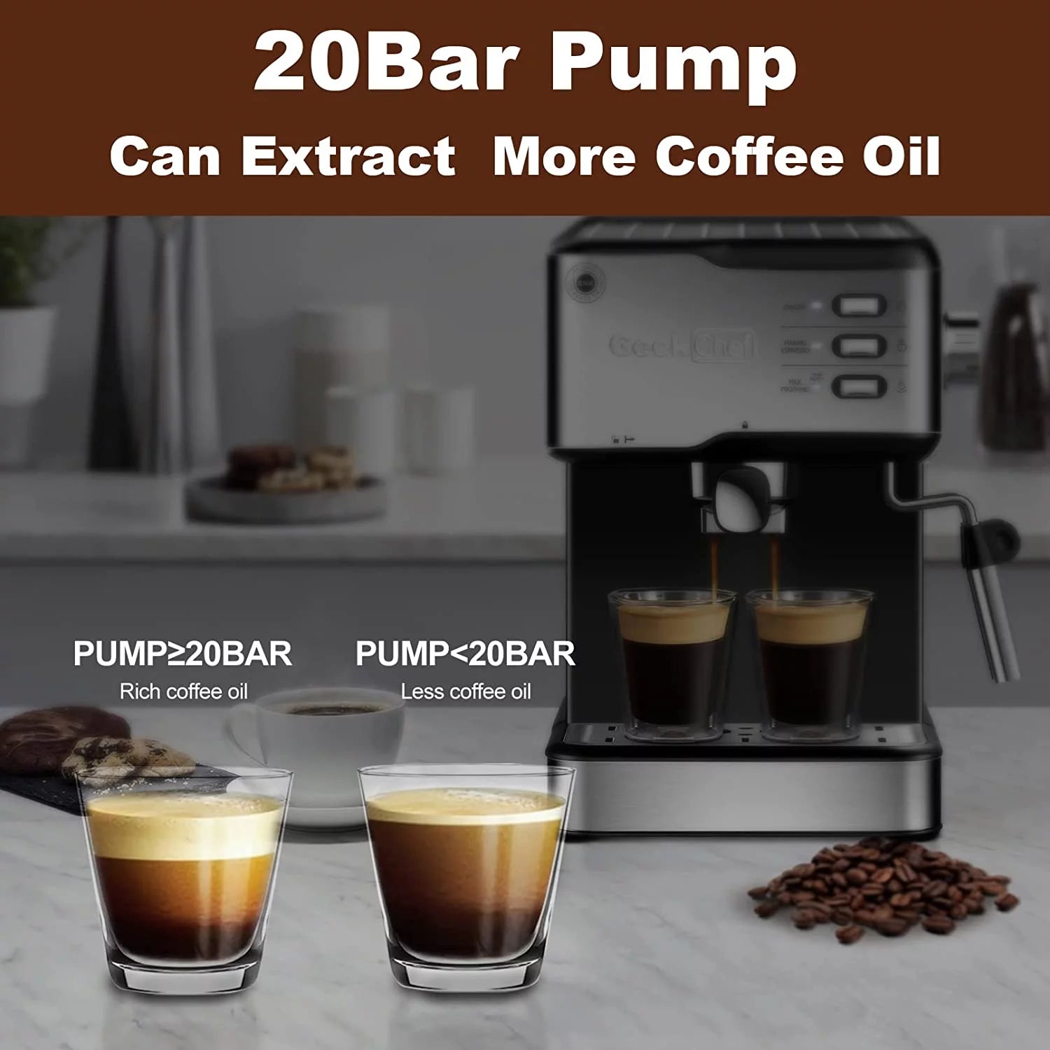 Geek Chef Espresso Machine 20 Bar with Milk Frother, Stainless Steel, Black X770