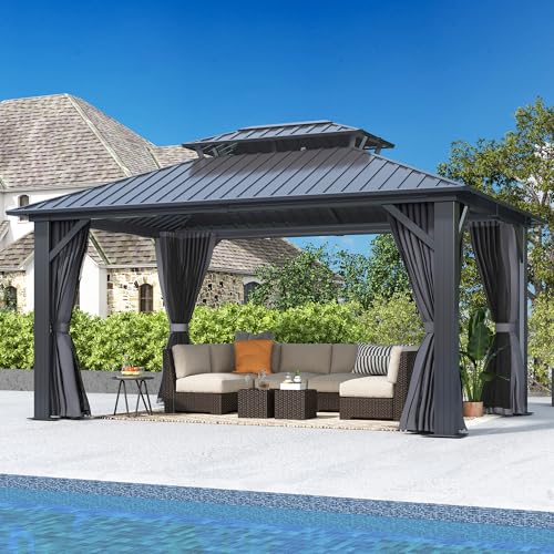 12'x12' Hardtop Gazebo with Galvanized Steel Roof, Aluminum Frame, Curtains & Netting X81832