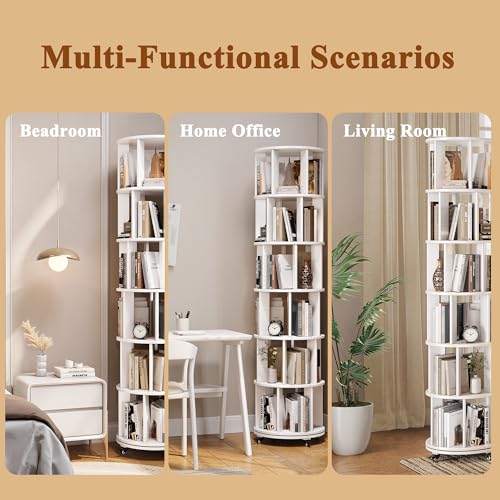 6 Tier Rotating Bookshelf Tower with Swivel Wheels, Solid Wood, Walnut B588