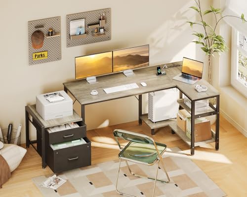Casaottima 55 Inch L Shaped Desk with Drawers & File Cabinet, Rustic Brown B7734