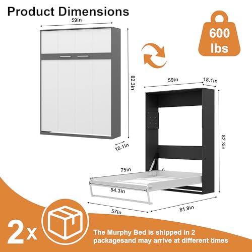 Murphy Bed Full - Space Saving, Convertible Hidden Bed, Brown C7991