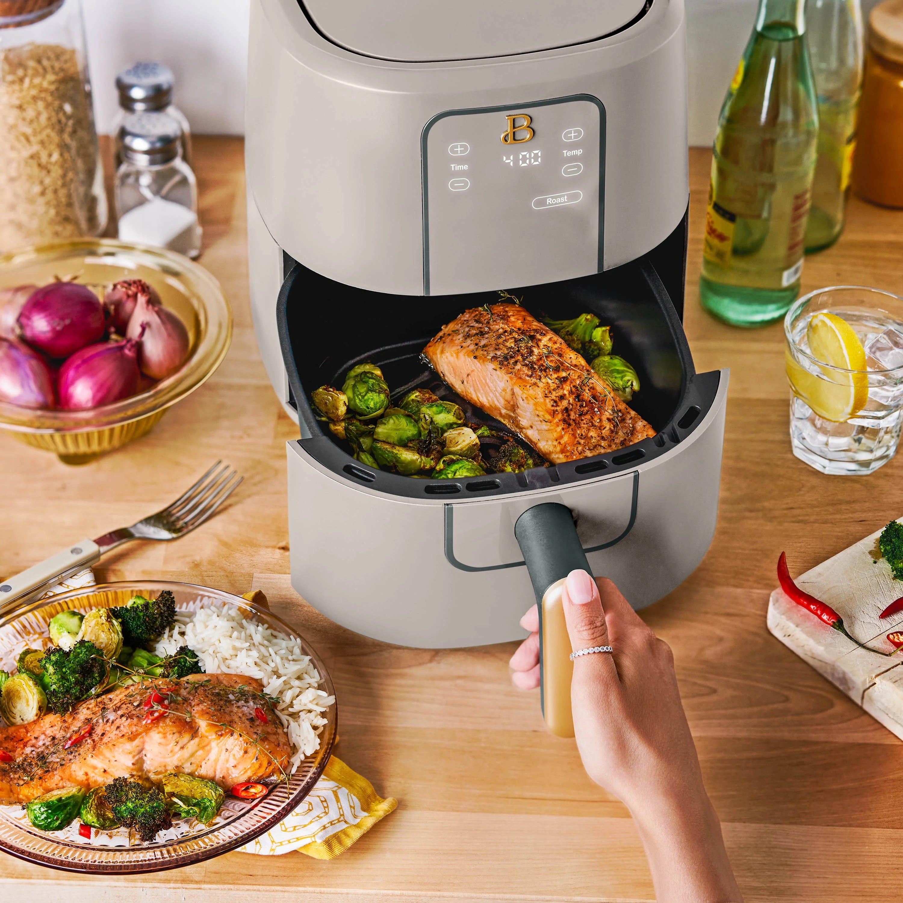 Beautiful 3 Qt Air Fryer with TurboCrisp Technology, Porcini Taupe by Drew Barrymore C9150