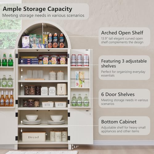 71" Tall Arched Kitchen Pantry, Modern Fluted Wood Storage Cabinet with Doors A419441