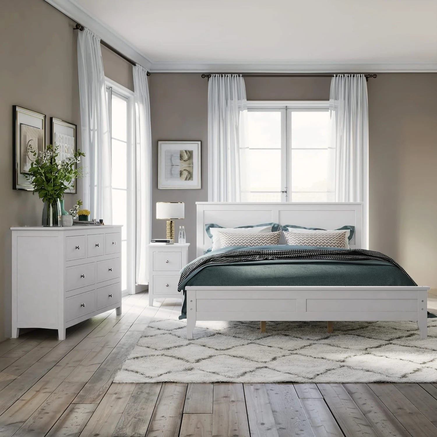 Bedroom Sets, 3 Pieces Bedroom Sets With Queen Size Bed, Nightstand End Table And Dresser, Wood Bedroom Furniture Set (White_Queen, 3 Piece)