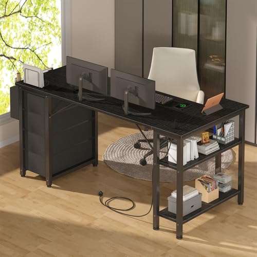 Lufeiya L Shaped Gaming Desk with Drawers & Power Outlet, Black A39519