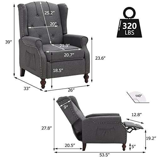 Wingback Recliner Chair with Massage and Heat, Tufted Fabric, Wooden Legs D91574