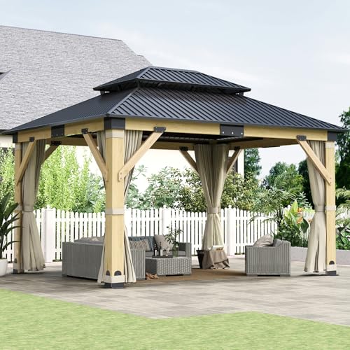 12'x12' Hardtop Gazebo with Galvanized Steel Roof, Aluminum Frame, Curtains & Netting X81832