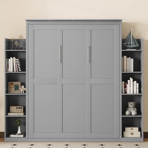 Merax Queen Size Wood Murphy Bed with LED Lights and Shelves, Grey K26344