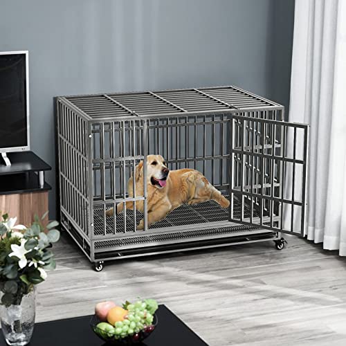 LEMBERI 48/38 inch Heavy Duty Dog Crate with Lockable Wheels, Double Door, Removable Tray Z823935