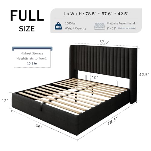 Full Size Lift Up Storage Bed with Wingback Headboard, White Y8002