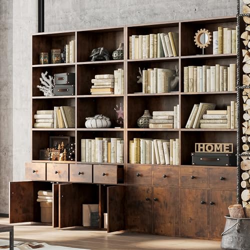 IRONCK 78.7" Bookcase with 4 Drawers and 4 Doors, 6 Tier, Vintage Black Z686086