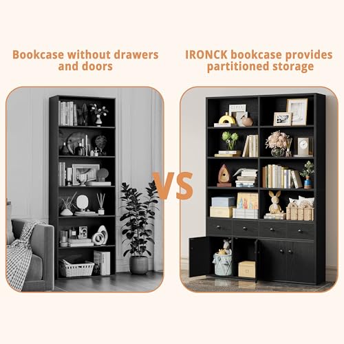 IRONCK 78.7" Bookcase with 4 Drawers and 4 Doors, 6 Tier, Vintage Black Z686086