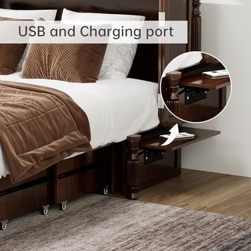Solid Wood Murphy Bed Cabinet Full with USB Charging Ports and Storage Drawer, Ebony D190415