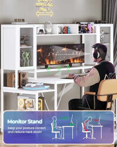 SEDETA Gaming Desk 74.8'' with LED Lights, Hutch and Storage Shelves, White W26827
